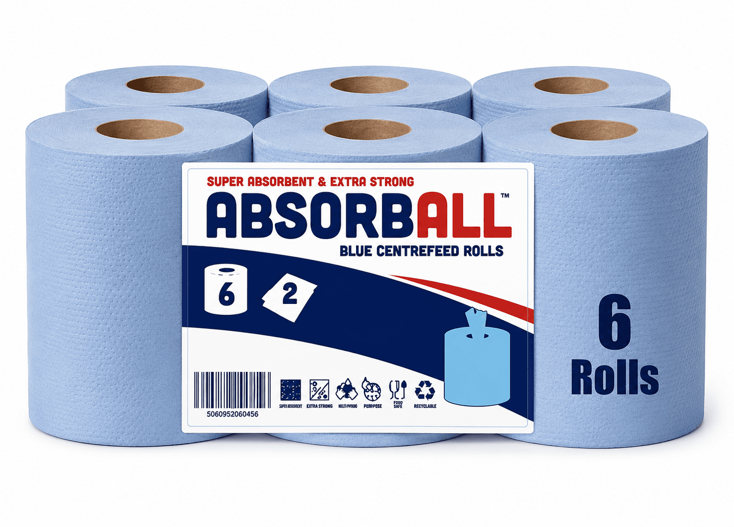 Absorball Blue Value Centrefeed Paper Tissue | Bulk Cleaning Rolls ABSORBALL Blue tissue rolls label, detailed icons for count, ply, and usage.