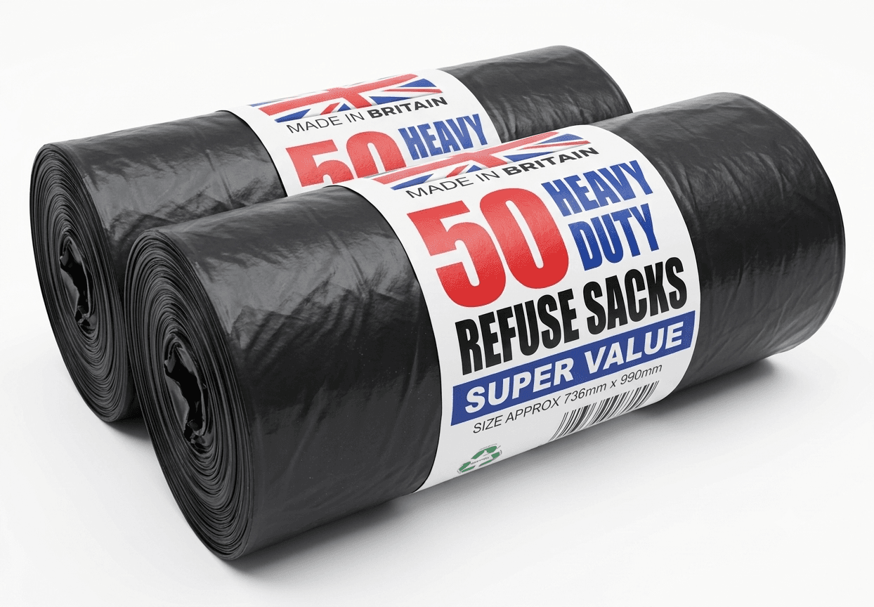 100 Heavy Duty Black Refuse Sacks - Made in Britain - Super Value Bin Bags 2 Roll of heavy-duty black refuse sacks 100 bags wrapped in a paper label against a white background. The label has a Union Jack flag on top with the words "MADE IN BRITAIN." Below that, it reads "50 HEAVY DUTY REFUSE SACKS" in large red and blue font, followed by "SUPER VALUE" in a blue bar and the approximate size "736mm x 990mm" at the very bottom.