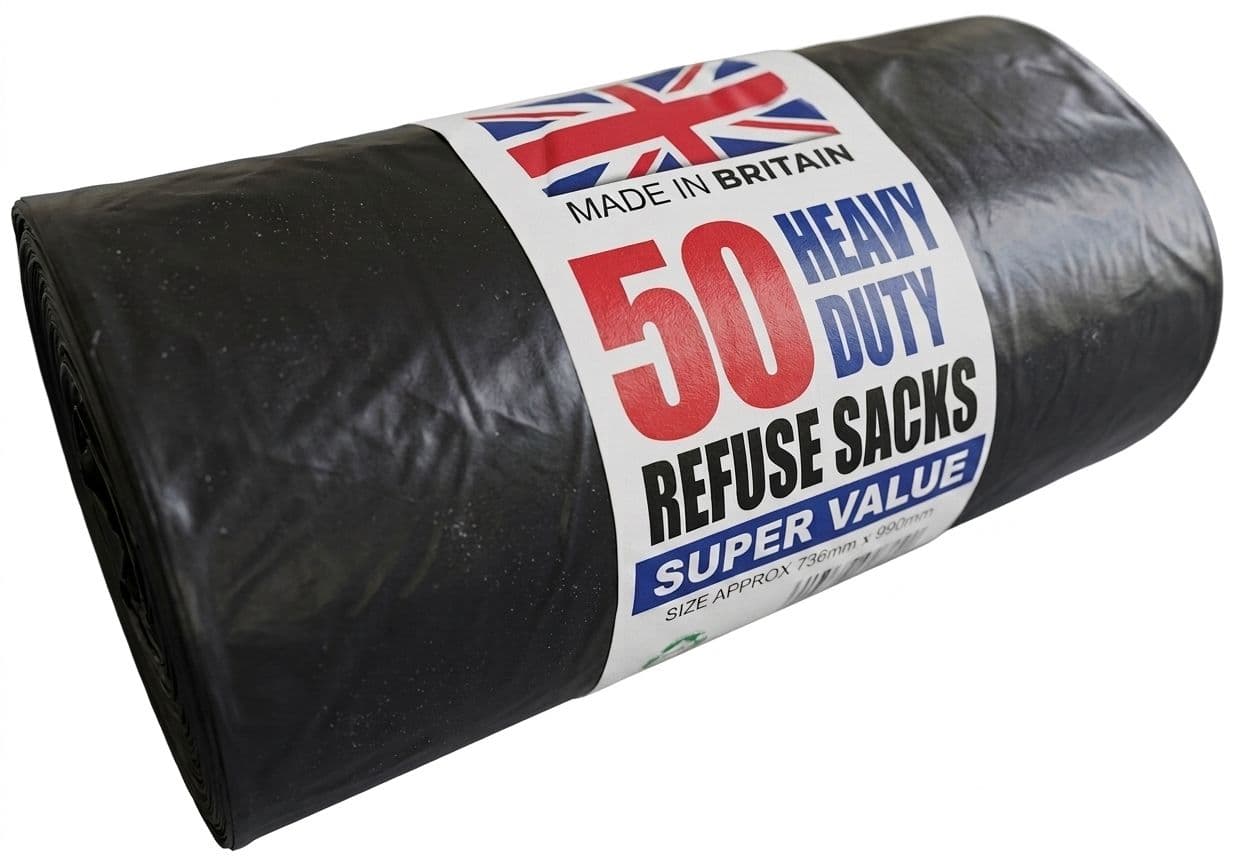 50 Heavy Duty Black Refuse Sacks - Made in Britain - Super Value Bin Bags 1 Roll of heavy-duty black refuse sacks 50 bags wrapped in a paper label against a white background. The label has a Union Jack flag on top with the words "MADE IN BRITAIN." Below that, it reads "50 HEAVY DUTY REFUSE SACKS" in large red and blue font, followed by "SUPER VALUE" in a blue bar and the approximate size "736mm x 990mm" at the very bottom.